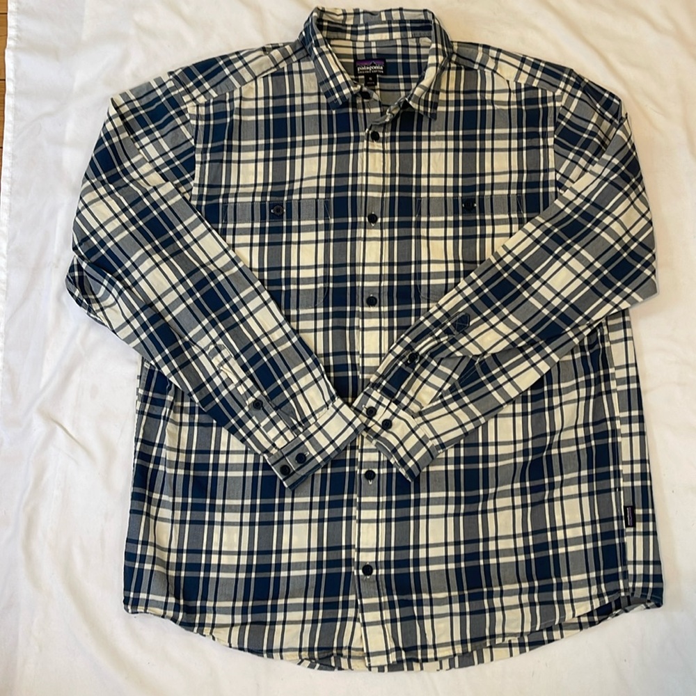 Mens Patagonia Organic Cotton Plaid Button Down Shirt, XL, Blue